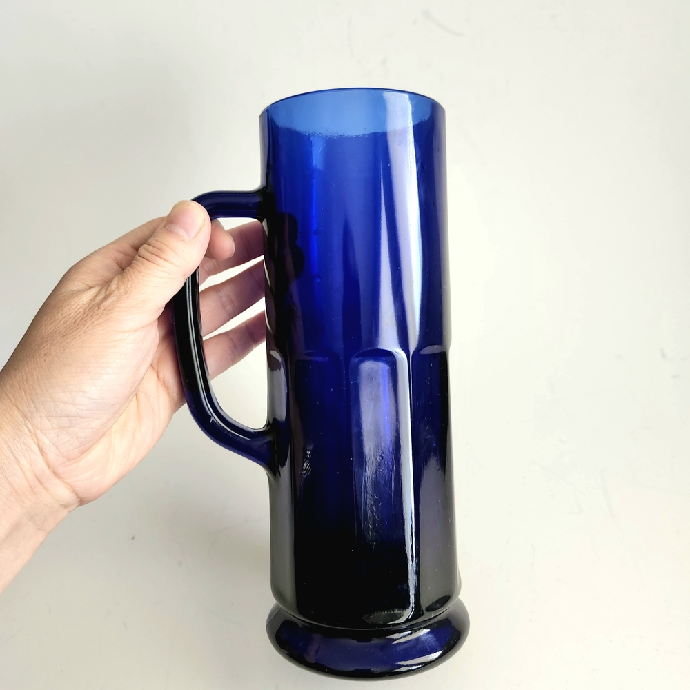 Tall Cobalt Blue Glass Beer Mug with Handle, Vintage Style Drinkware, Glass Vase